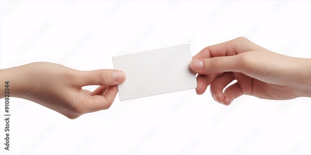 Fototapeta premium A hand handing over a blank business card to another hand, isolated on a white background.