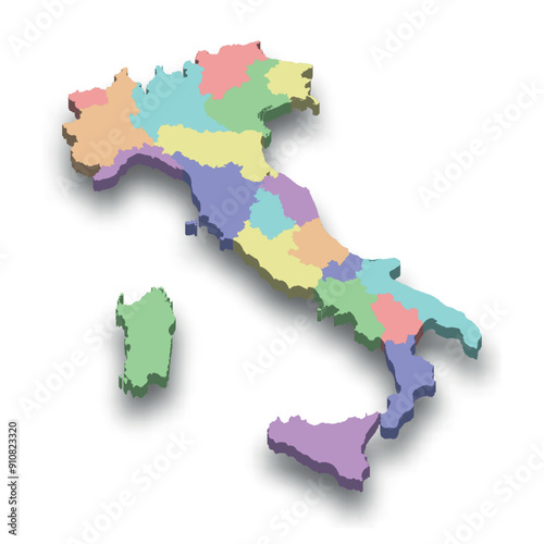 3d isometric colored map of Italy