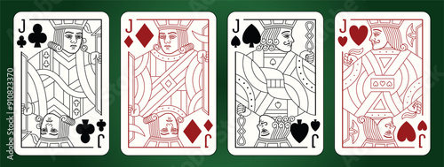 Jack playing cards set. Editable stroke. Spades Hearts Diamonds and Clubs suits. 
Vector line illustration.