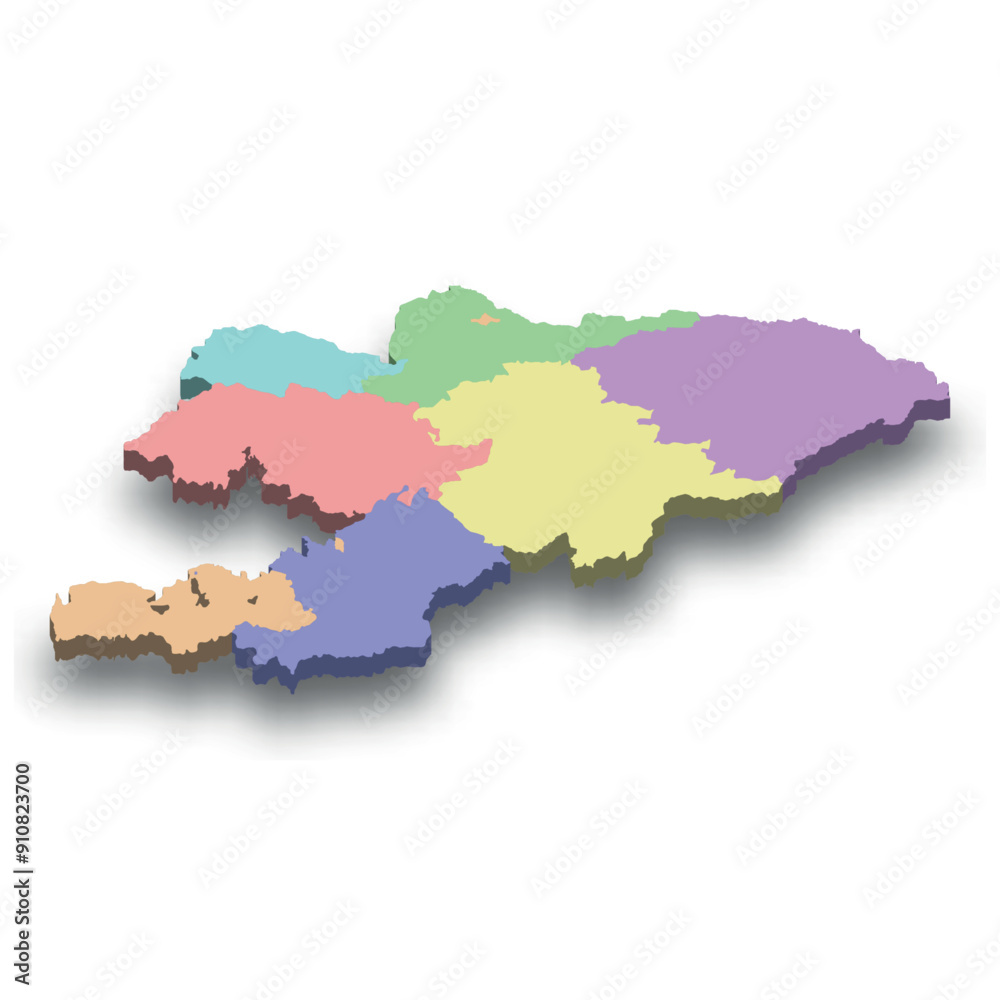3d isometric colored map of Kyrgyzstan 3d isometric colored map of Kyrgyzstan