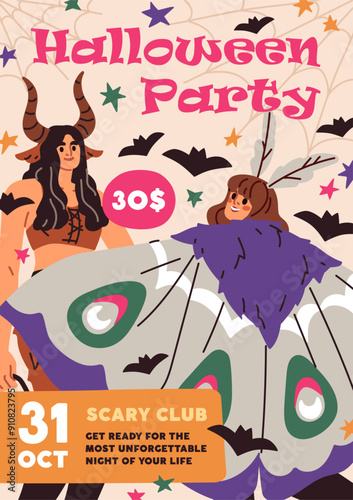 Halloween party, inviting card. Poster design, October masquerade promotion, ...