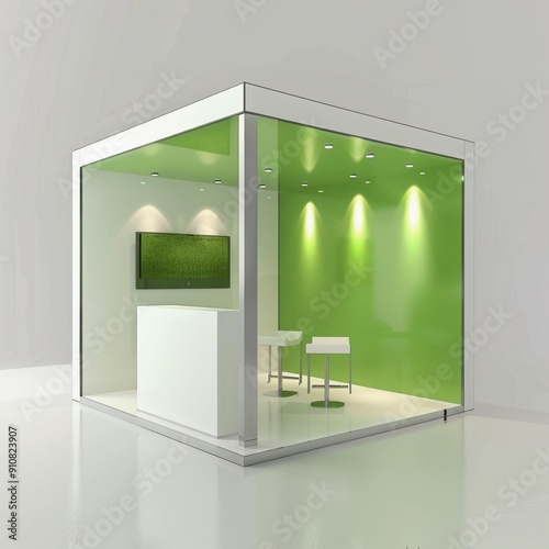 3d render minimalist exhibition booth with green theme. Exhibition stand mockup template