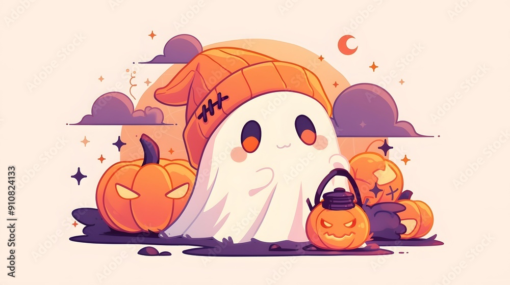 Fototapeta premium Cute ghost Holding a lantern wearing an orange wool hat and a Halloween pumpkin. 