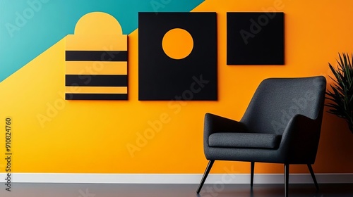 Dynamic Trio Captivating Geometric Paintings for a Modern Wall Art Display Merging Colors and Shapes in Conceptual Harmony