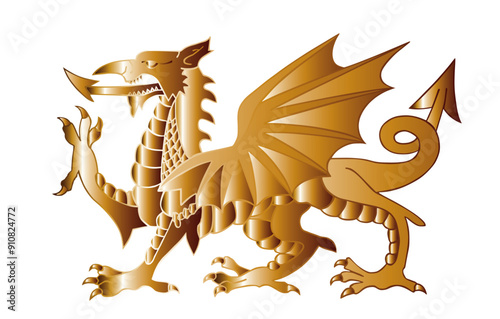 Wales coat of arms angry dragon vector illustration silhouette, seal, national emblem, isolated on background. Vector Coat of arms of Wales. Wild beast open jaws. Golden dragon symbol rich prosperity.