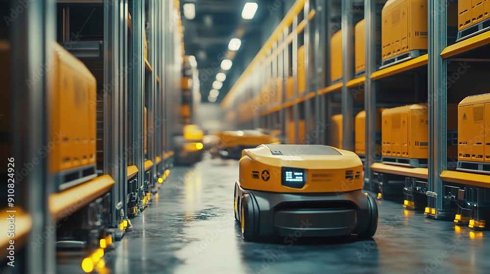 Automated Warehouse Efficiency: A fleet of futuristic orange robots navigate a vast, illuminated warehouse, showcasing the power of AI in modern logistics and supply chain management. Automated Warehouse Efficiency: A fleet of futuristic orange robots navigate a vast, illuminated warehouse, showcasing the power of AI in modern logistics and supply chain management.