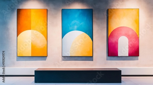 Harmonious Geometric Trio A Captivating Wall Arrangement of Three Graphic Paintings for Contemporary Spaces