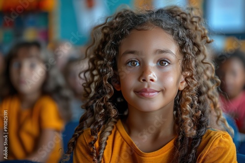 A girl with long curly hair is smiling in the classroom bokeh style background