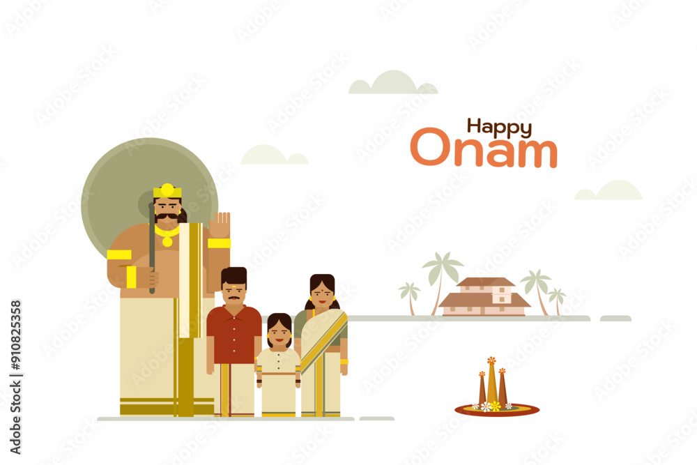 Naklejka premium Mythological king 'Mahabali' standing with a family. Concept of Onam festival in Kerala