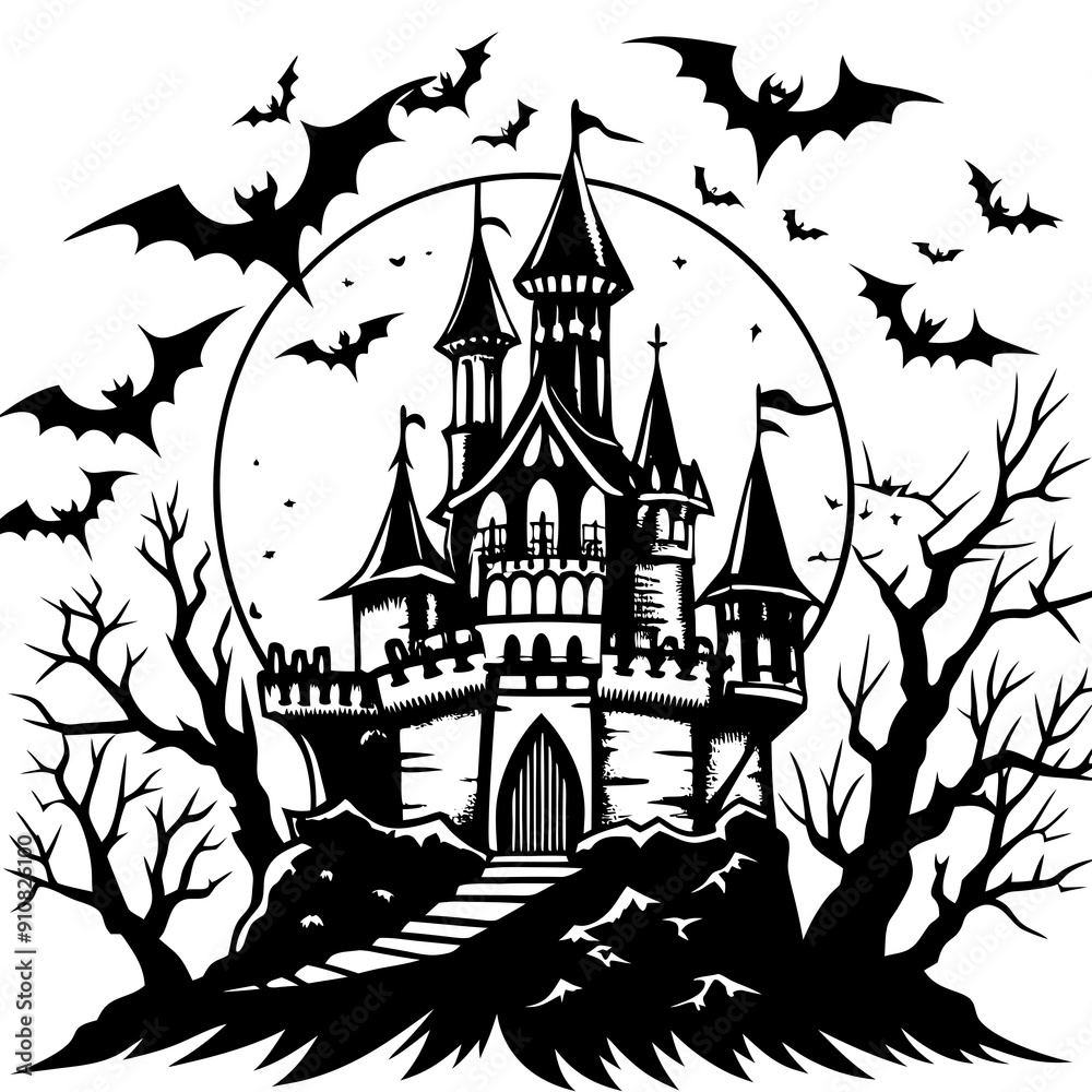 Spooky Castle with Bats Halloween vector Spooky Castle with Bats Halloween vector