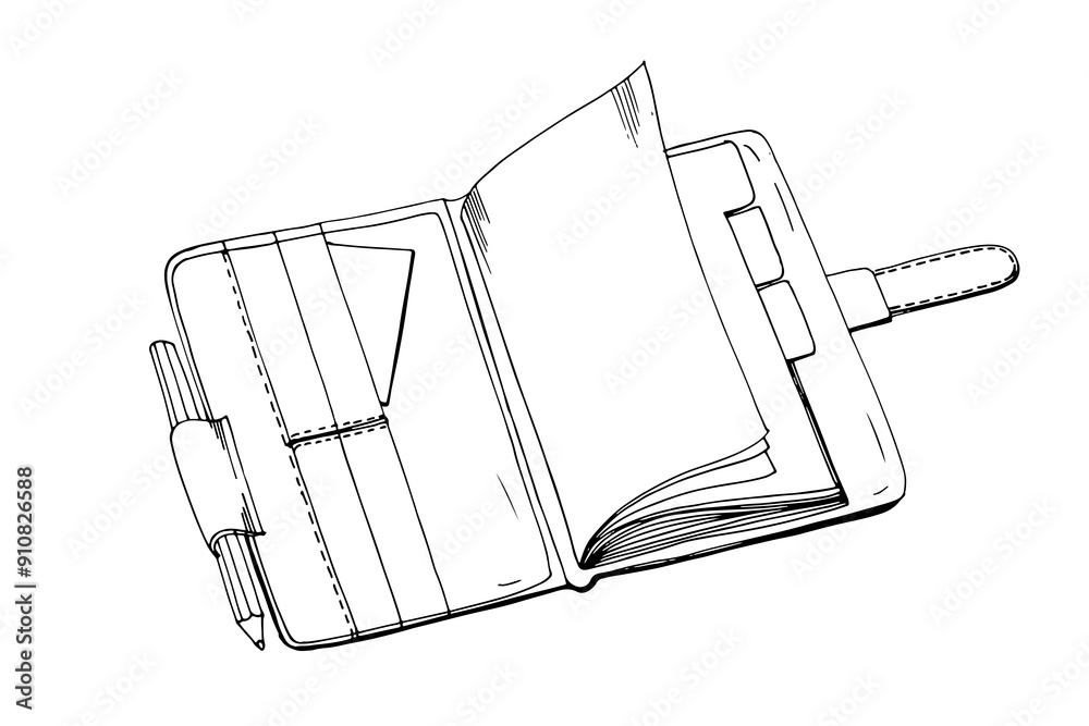 Notebook, open notepad with blank paper pages, pencil. Business planner, office diary, organizer. Outlined contoured note book, journal. Hand-drawn vector illustration isolated on white background