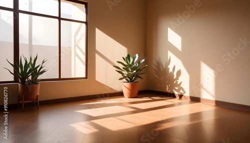 Modern beige Interior with geometrical sunlight viewv with shadows and natural decor along empty wall mockup theme photo