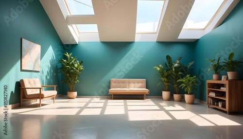 Modern beige Interior with geometrical sunlight viewv with shadows and natural decor along empty wall mockup theme photo