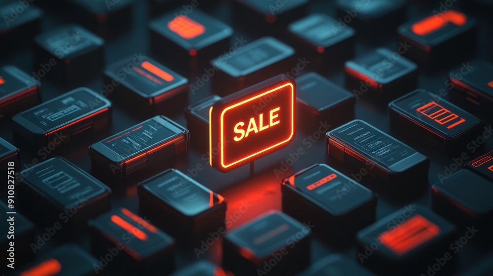 Neon Sale Sign Above Digital Devices Neon Sale Sign Above Digital Devices