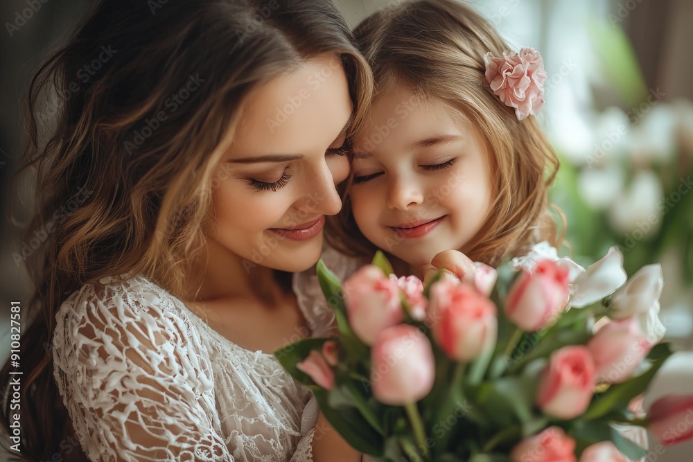 happy mothers day - a daughter giving her mother flowers happy mothers day - a daughter giving her mother flowers
