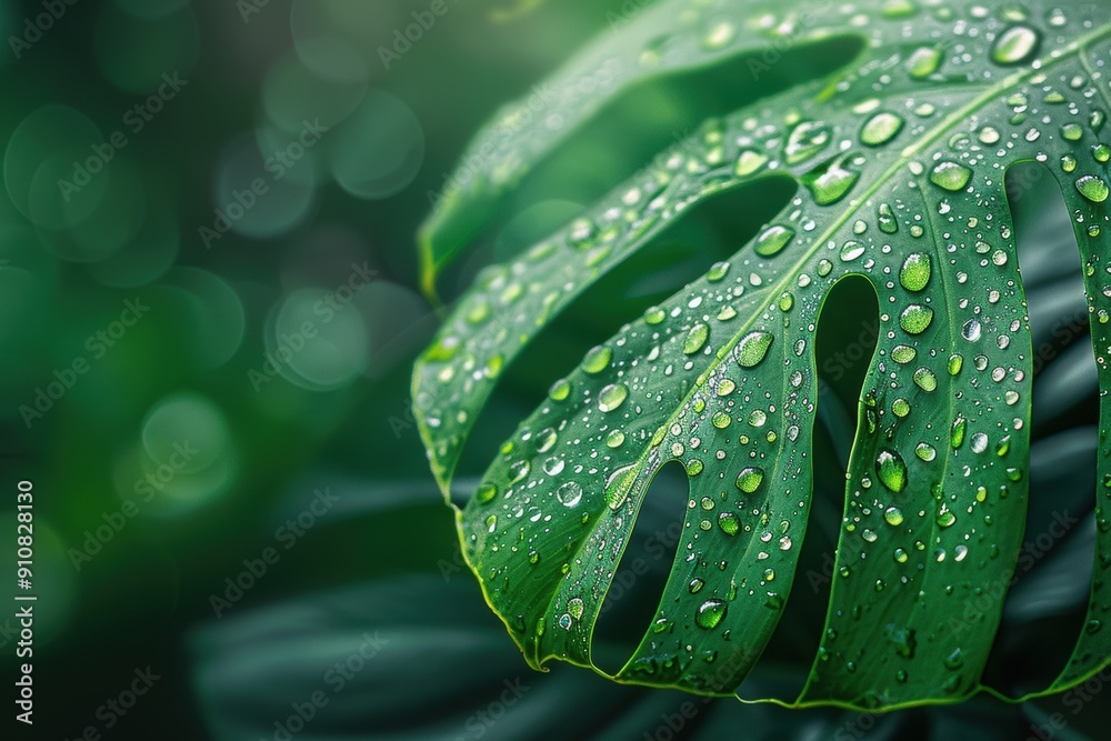 Obraz premium Close-up of a Green Monstera Leaf with Dew Drops.
