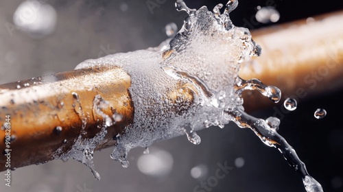 Illustration of a broken household water pipe with flowing water. Ai generated image