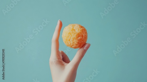 A gesture of photography to show/judge whether the food is delicious or delicious, solid blue studio background,