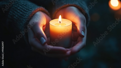 Hands Holding a Lit Candle in the Dark