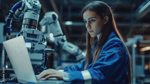 Engineering the Future: A young female engineer meticulously programs a robotic arm in a high-tech factory setting. 