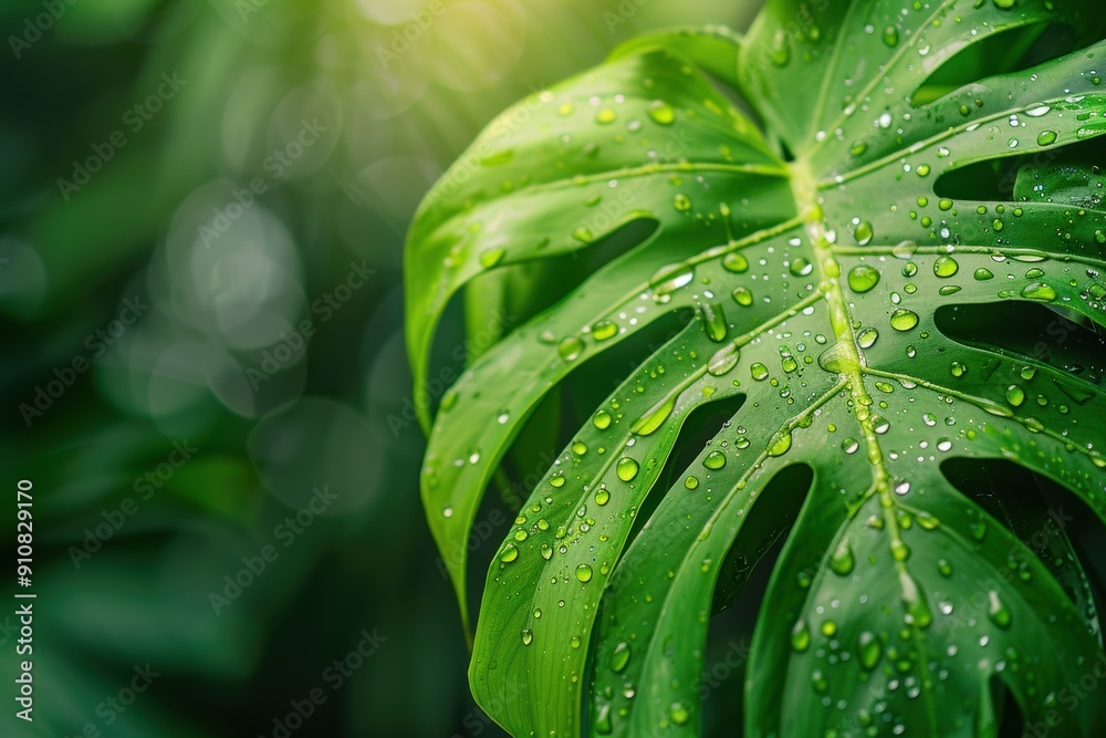 Close-up of a green monstera leaf with water droplets.
