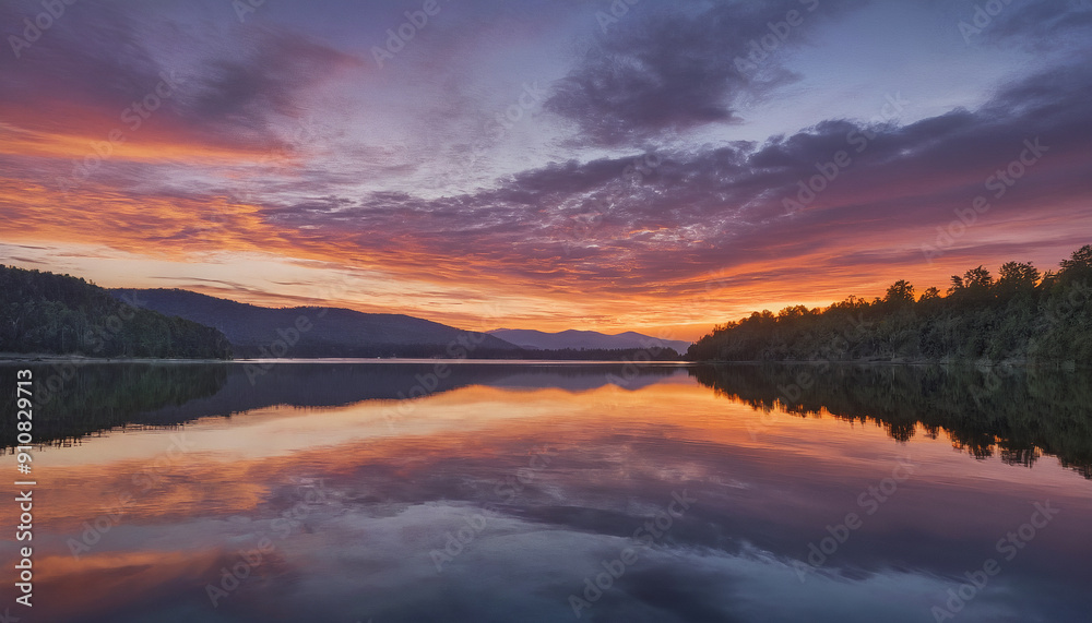 Obraz premium beautiful scenic nature with evening pastel clouds over the trees and lake