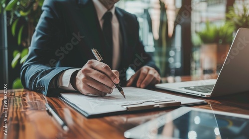 Closeup of a man's hand reveiw and signing a document.