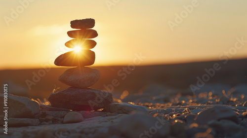 A silhouette of a stack of stones against a setting sun, casting long shadows. photo