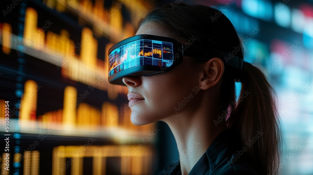 A woman wearing VR glasses analyzing data, symbolizing virtual reality and futuristic technology. A woman wearing VR glasses analyzing data, symbolizing virtual reality and futuristic technology.