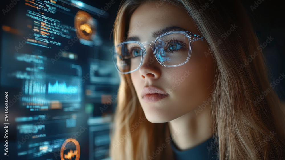 A focused woman wearing glasses analyzing data on a futuristic screen, representing technology and data analysis. A focused woman wearing glasses analyzing data on a futuristic screen, representing technology and data analysis.