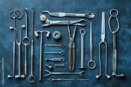 A collection of various tools neatly laid out on a table, ready for use, Set of different surgeon's tools arranged artistically, AI Generated