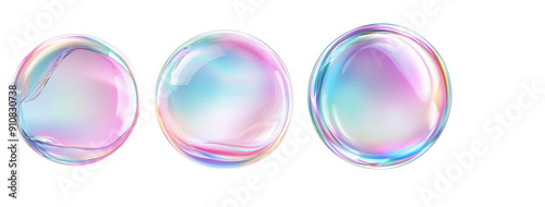  set of three circle colorful iridescent holographic elements design, isolated on white background, png
