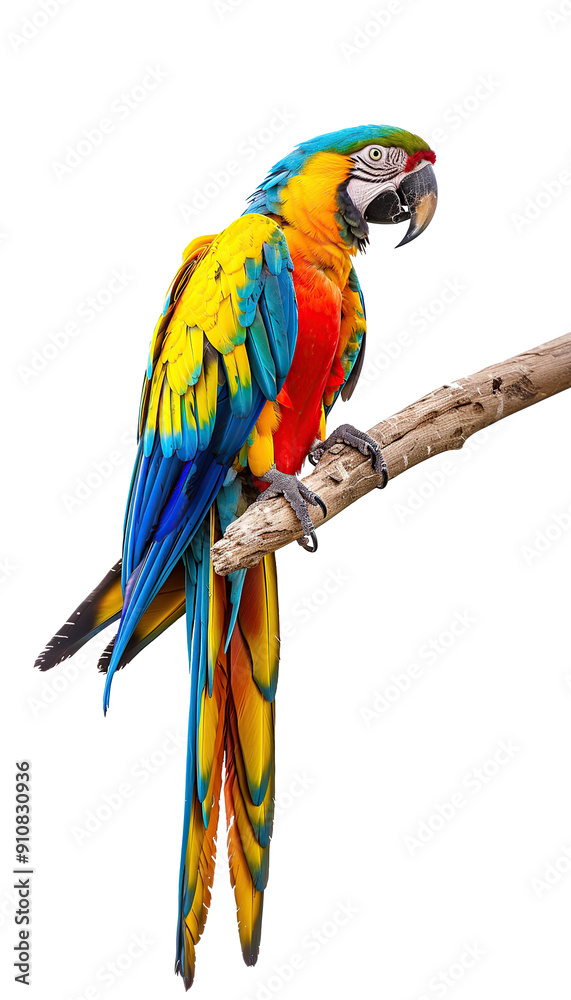 Fototapeta premium Beautiful plumage and vibrant, vivid colors Macaws Parrot, standing on a leafless wooden branch, Isolated on a Transparent PNG background 
