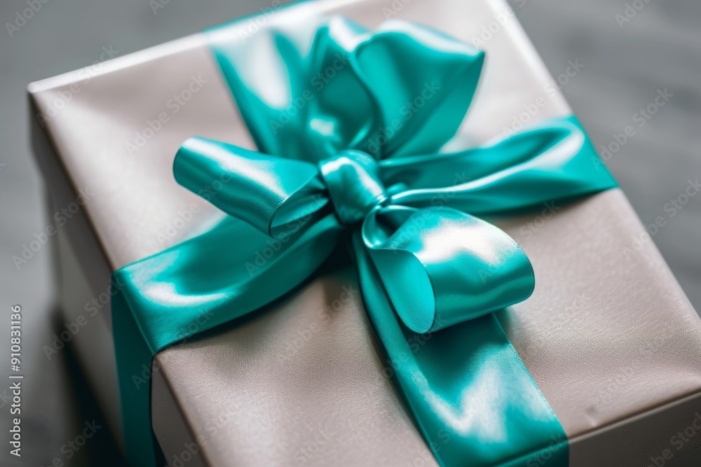 A beautifully wrapped gift box, featuring a green bow, sits on a table as a thoughtful present for a loved one, Shiny silver gift box with turquoise ribbon, AI Generated A beautifully wrapped gift box, featuring a green bow, sits on a table as a thoughtful present for a loved one, Shiny silver gift box with turquoise ribbon, AI Generated