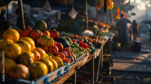 Fresh fruit and vegetables on display at a market stall in the warm evening light. photo