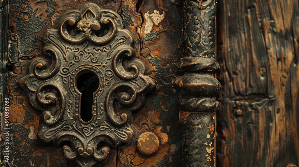 Close-up of a lock on a door, capturing the detailed metal and keyhole textures Close-up of a lock on a door, capturing the detailed metal and keyhole textures
