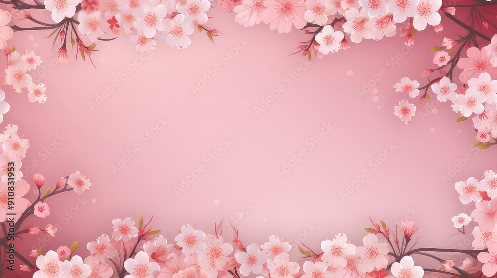 Obraz premium Pink Cherry blossom Illustration. Frame of Sakura Cherry Blossoms Spring flower