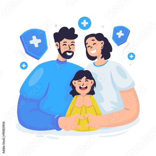 Happy family protects their daughter with insurance vector illustration