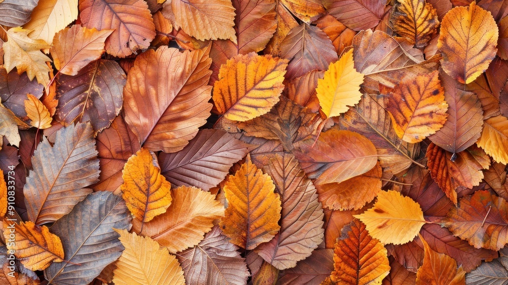 Close-up shot of fallen autumn leaves in various shades of brown, orange, and yellow. Close-up shot of fallen autumn leaves in various shades of brown, orange, and yellow.