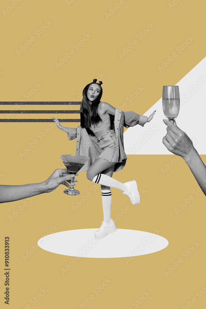 Vertical collage young girl clubber disco party event pub bar liquid beverage martini champagne alcoholic drink order dance weekend cheers Vertical collage young girl clubber disco party event pub bar liquid beverage martini champagne alcoholic drink order dance weekend cheers