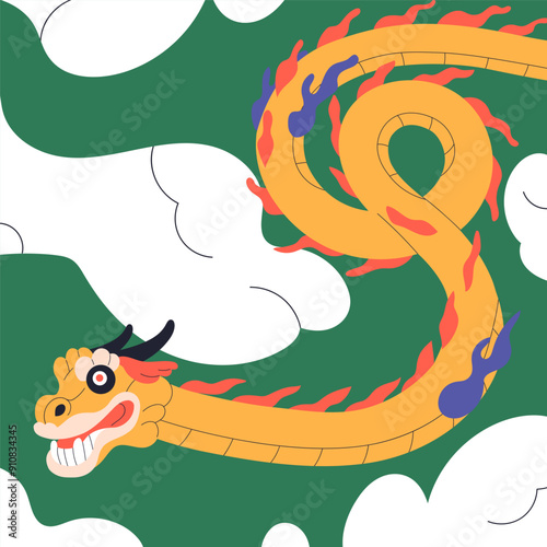 Chinese dragon. Traditional Asian symbol with long tail. Festive mythology li...