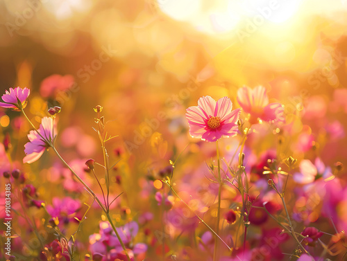 A field of flowers with a bright sun shining on them. generative ai.