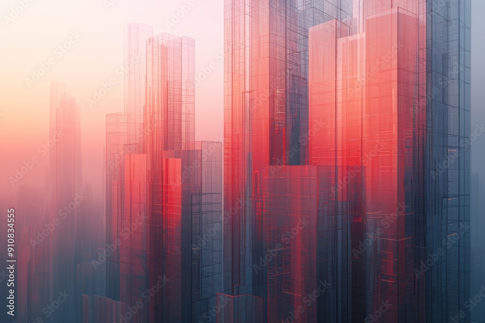 Abstract Photo of a City Veiled in Fog, Skyscrapers constructed from translucent materials, glowing gently in the dusk, AI Generated Abstract Photo of a City Veiled in Fog, Skyscrapers constructed from translucent materials, glowing gently in the dusk, AI Generated