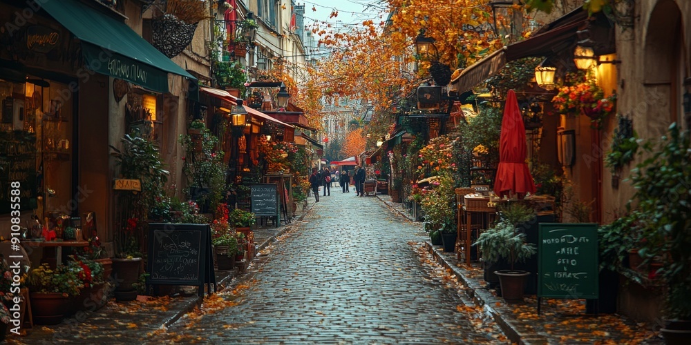 Naklejka premium Enchanting Parisian Streetscape: Stylish Woman Strolls Cobblestone Alley Amidst Historic Architecture, Capturing Timeless French Elegance and Urban Charm in High-Resolution Detail