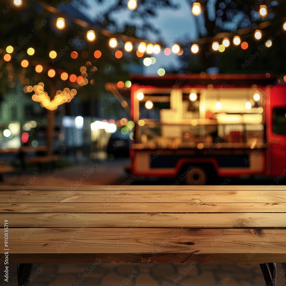 Empty wooden tables on blurred food truck festival and vivid bokeh lights as a background Empty wooden tables on blurred food truck festival and vivid bokeh lights as a background