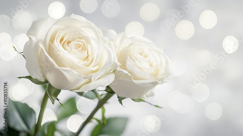 Two White Roses with Delicate Bokeh Background Romantic Floral Photography