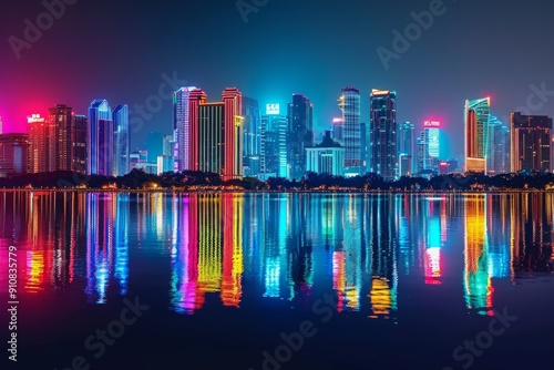 Wallpaper Mural City Skyline Illuminated at Night, Skyscrapers with bright, neon lights reflecting off water at night, AI Generated Torontodigital.ca