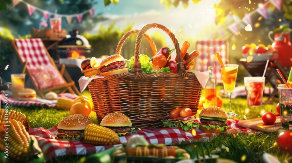Picnic basket with food on a checkered blanket in a lush green garden. Picnic basket with food on a checkered blanket in a lush green garden.