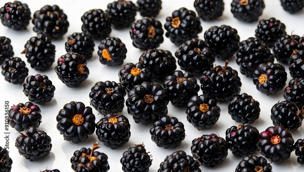 A close-up image of a scattering of blackberries on a white background. The blackberries are plump and juicy, with a soft, velvety texture A close-up image of a scattering of blackberries on a white background. The blackberries are plump and juicy, with a soft, velvety texture