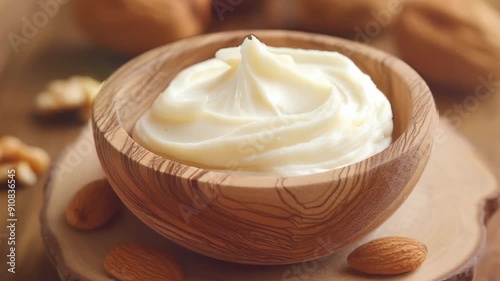 Close-up bowl of homemade shea butter for skincare. 3D animation generated with image generation AI software